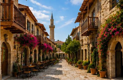 Old-town street with cafe terraces in North Cyprus
